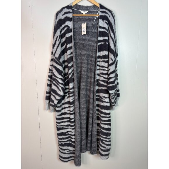 Terra & Sky Cardigan 4X Gray Tiger Stripe Jacquard Eyelash Duster Open-Front NWT - Picture 1 of 8
